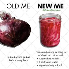 an onion next to a jar of pickled onions on a white background with the words old me below it