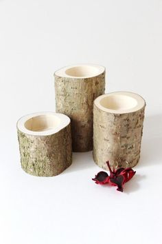 three pieces of wood sitting next to each other on a white surface with red flowers