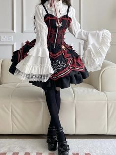 Woman Cute Outfits, Random Clothes Outfit, Sleeves With Ruffles, Big Skirts Outfit, Outfits For Villains, Kawaii Gothic Aesthetic, Character Outfits Halloween, Devilinspired Outfit, Black And Red Grunge Outfit