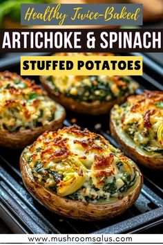 baked artichoke and spinach stuffed potatoes on a grill with text overlay