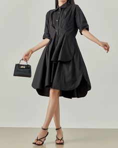 This shirt dress has just the right length to make you look neat and elegant.

The silhouette spreads out toward the hem for an elegant impression.

This is a recommended item that will complete your outfit with just one piece.
◾️Model
Height/Weight：167cm(65.7in)/45kg(99.2lb)
Fitting Size：S





Cm
(inches)

Length
Chest
Shoulder
Waist
Sleeve Length


S
100(39.3)
88(34.6)
51.9(20.4)
81(31.8)
23.8(9.3)


M
103(40.5)
92(36.2)
53.5(21.0)
85(33.4)
24.5(9.6)


L
106(41.7)
96(37.7)
55.1(21.6)
89(35.0 Cotton Button-up Shirt Dress With Ruffles, Luxury Mini-length Summer Shirt Dress, Blue Knee-length Shirt Dress With Placket, Luxury Black Knee-length Shirt Dress, Denim Blue Knee-length Shirt Dress With Button Closure, Blue Violet, Height And Weight, Flare Dress, Blue Color