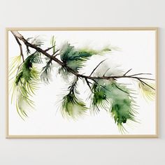 a watercolor painting of green leaves on a white background, framed in a wooden frame