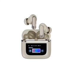 an electronic device with ear buds attached to the front and back of it, on a white background