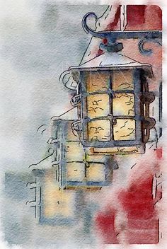 a watercolor painting of a street light