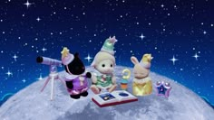 three stuffed animals sitting on top of a moon with stars in the sky behind them