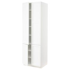 a tall white cabinet with two doors and shelves