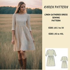 a woman in a dress and boots standing in a field with the text, linen gathered dress sewing pattern