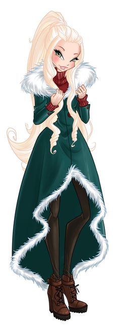 a drawing of a woman in a green dress with white hair and fur on her head