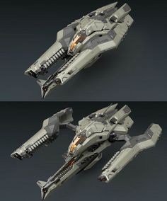 two views of a futuristic space ship in three different angles, one showing the front and back