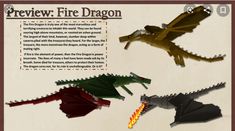 paper cut out of different types of dragon and fire breathings with text describing how to use them