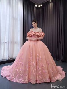 Pink Lace Applique Layered Wedding Gowns Convertible Quince Dress 2410 – Viniodress Pink Princess Style Lace Gown, Pink Quinceanera Dress With Lace Bodice, Luxury Pink Quinceanera Dress With Ruffles, Pink Ruffle Quince Dress, Pink Quince Dress With Tail, Embroidered Wedding Gown