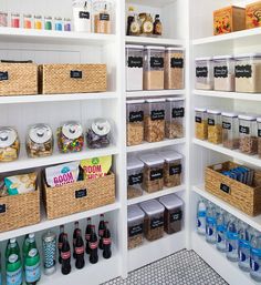 an organized pantry filled with lots of food and storage bins on the shelves in front of each other