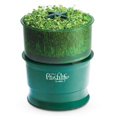 a green container filled with grass on top of a white background and the words freshlife above it