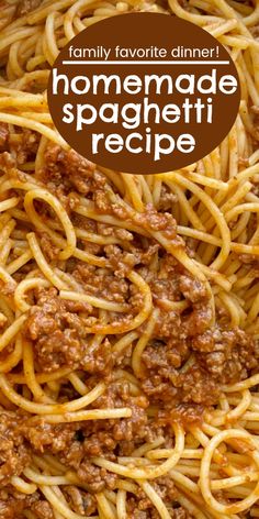 homemade spaghetti recipe with ground beef and sauce in a pan on the stove for an easy dinner