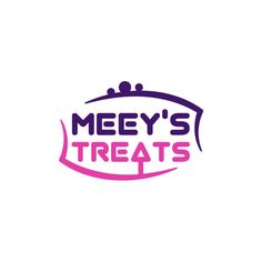 the logo for meey's treats is pink and purple, with a small round shaped