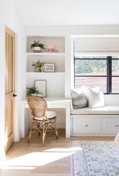 Brown Rattan Chair at Built In Kids Desk - Transitional - Bedroom Girl's Rooms, Window Seat Design, Transitional Bedroom, 아파트 인테리어, Big Girl Rooms, Built In Desk, Photos Ideas, Window Seat, Home Office Design