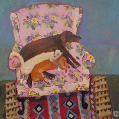 a painting of two dogs sleeping on a pink chair with floral upholstered fabric