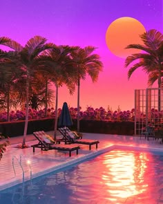 a pool with lounge chairs and palm trees in front of a purple sky at sunset