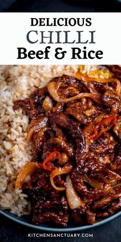 delicious chili beef and rice in a skillet with the title overlay reads delicious chili beef and rice