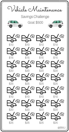 a printable worksheet for vehicle maintenance with the words vehicle maintenance savings on it