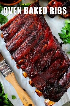 bbq ribs in the oven with text overlay