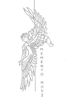 a black and white drawing of a bird flying with the word memorial on it's side