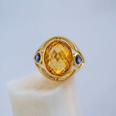 Antonini Anti Wedding, Bold Rings, Tanzanite Ring, Citrine Stone, 18k Yellow Gold Ring, Yellow Gold Ring, Vow Renewal, Three Stone, Blue Hues