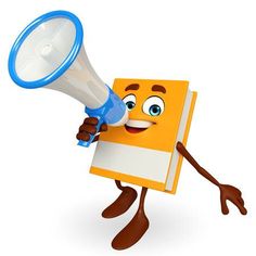 a cartoon book character holding a megaphone and pointing to it's side with both hands