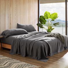 a bed with grey sheets and pillows next to a plant in a window sill