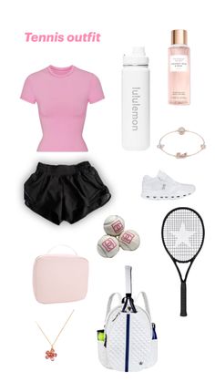 the contents of a tennis outfit are arranged on a white background with pink and blue accents