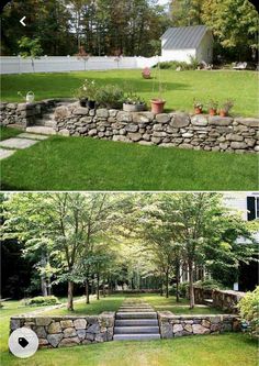 two pictures side by side of a yard with grass and trees