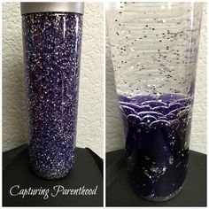 two pictures of the same cup with purple and white speckles on it, one is