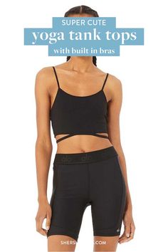 a woman in black sports bra top and shorts with the words super cute yoga tank tops