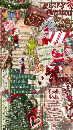 christmas collage with lots of different items and words on it, including santa's sleigh