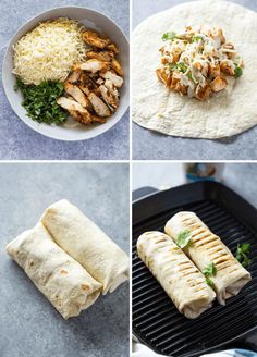 four different views of food being cooked on the grill and then put into pita bread