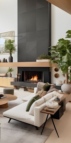 a living room filled with furniture and a fire place in the middle of the room