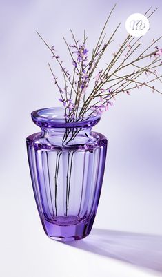 a purple vase with some flowers in it