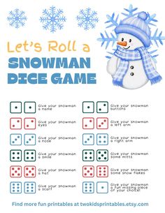 Bundle up for some winter fun with our Roll-a-Snowman game! This printable game is perfect for family game nights, classroom parties, or winter-themed gatherings. To play, roll the dice: Roll a pair of dice and add up the numbers. Use the number rolled to draw the corresponding part of the snowman (hat, eyes, nose, mouth, etc.). The first player to complete their snowman wins!  Receive the printable immediately with an instant PDF download. You can print as many copies as you like and there is nothing to be mailed. Prek Winter Party Games, Roll A Snowman Dice Game, Roll A Gingerbread Man Dice Game, Classroom Winter Games, Roll A Snowman Dice Game Free Printable, Winter Camp Activities For Kids, Snowman Dice Game, Classroom Winter Party, Roll A Snowman