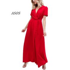 Asos Red Button Through Wrap Top V Neck Short Sleeve Maxi Tea Dress Nwt Size 0 Please See Pictures For Measurements. * It Is Suggested That All Items Be Cleaned And/Or Steamed Prior To Wearing. *Color May Vary Due To Lighting. *Pet Friendly Home. A4 Asos Maxi Dress, Plunge Maxi Dress, Flower Maxi Dress, Long Blue Dress, Wearing Color, Beautiful Maxi Dresses, Cheetah Print Dress, Red Dress Maxi, Maxi Dress Cocktail