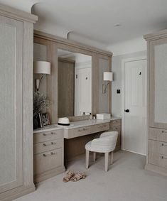 an empty dressing room with two large mirrors