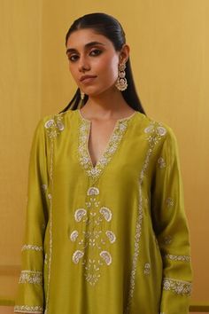 Lime green full sleeves A-line kurta with Bahar silk thread embroidery, highlighted with zari and sequins. Paired with a pant and an embroidered dupatta. - Aza Fashions Spring Cutdana Set With Long Sleeves, Spring Cutdana Long Sleeve Sets, Spring Long Sleeve Cutdana Sets, Spring Green Kurta With Cutdana, Silk Kurta With Dabka Work And Long Sleeves, Silk Anarkali Kurta With Long Sleeves, Silk Anarkali Long Sleeve Kurta, Pista Green Long Sleeve Kurta For Transitional Season, Pista Green Long Sleeve Kurta