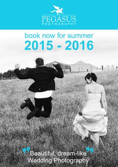 an advertisement for a wedding photography event with two people jumping in the air and one person holding