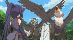 an anime scene with two women and one man standing in front of large eagle wings