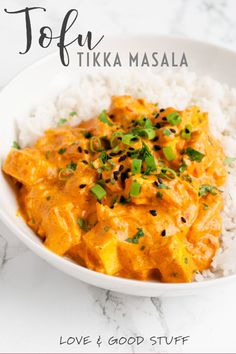 tofu tikka masala in a bowl with white rice