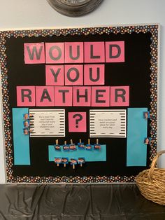 a bulletin board with words that read would you rather rather than to say? on it