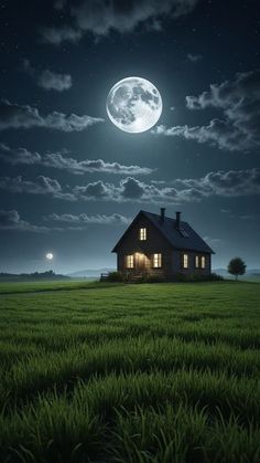 a house sitting on top of a lush green field under a full moon