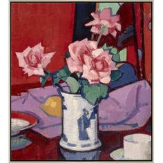 a painting of pink roses in a white vase on a table with plates and cups