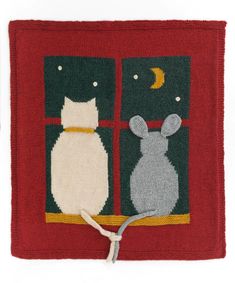 two cats and a mouse sitting on a window sill with the moon in the background