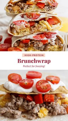 three different types of sandwiches stacked on top of each other with the words high protein brunchwrp perfect for freezing