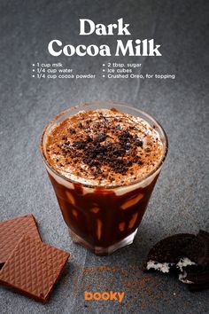 an advertisement for dark cocoa milkshake and cookies